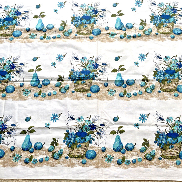 Vintage Tablecloth 70’s Handmade Picnic Buffet Cloth Aqua Blue Tan Fruit Basket - Picture 4 of 8